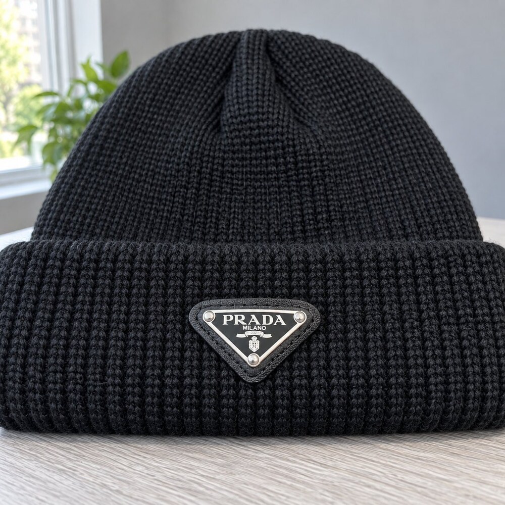 Prada Black Ribbed Triangle Logo Beanie - Picture 5 of 6